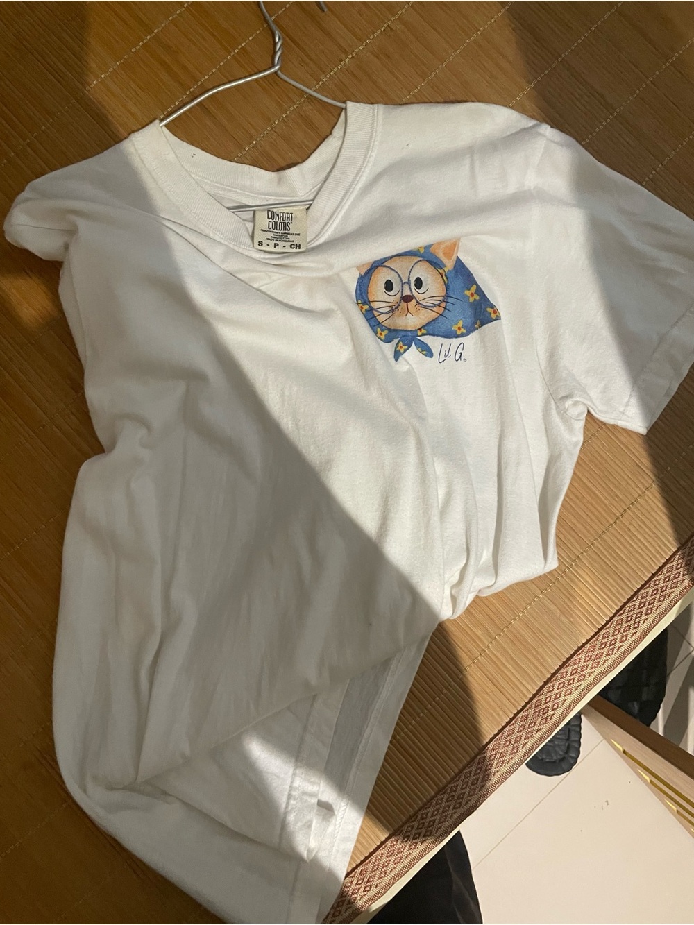 Comfort Colors White Kids Tee with Blue & Orange Cat Graphic